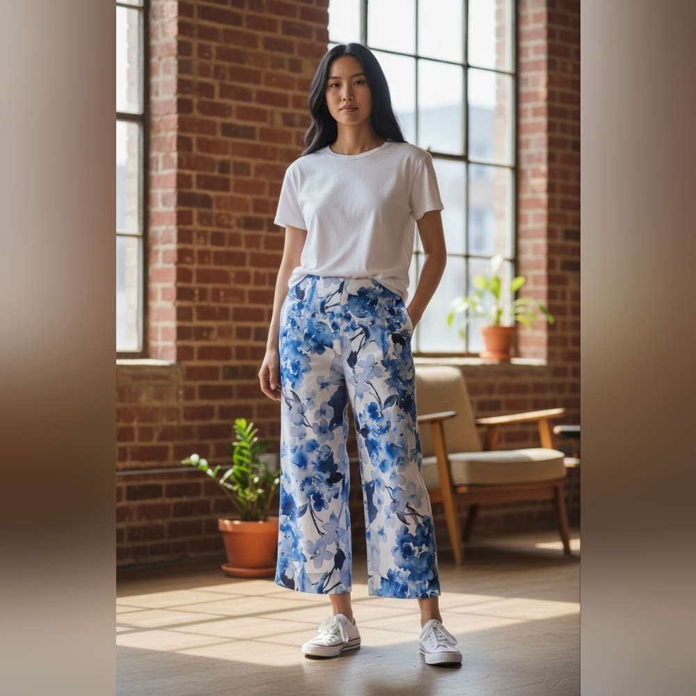 Bryn Walker Blue Tropical Floral Cropped Capri Pants 100% Cotton Ladies Med NWT - Picture 1 of 5